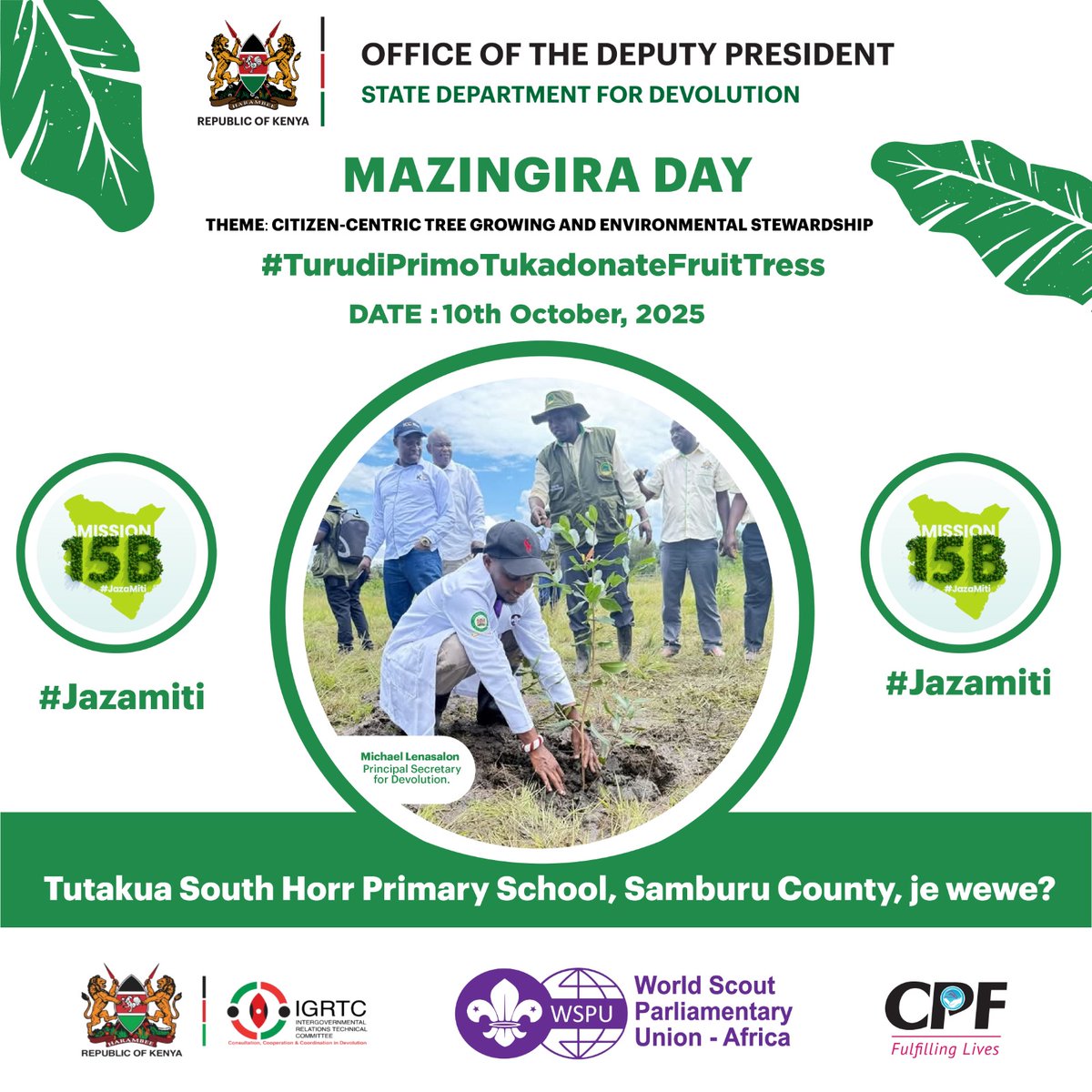 Devolution_KE's tweet image. Kitabautwa Samburu! Tumefika Samburu!🥳
Join us tomorrow from 8:00a.m. at South Horr Primary School, as we celebrate Mazingira Day! 🌍
Together, we’ll be planting fruit trees to combat climate change.
Goal? 15 billion trees by 2032! 🌱
#TurudiPrimo #MazingiraDay