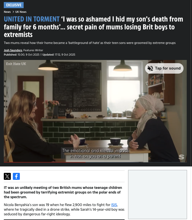 journosaunders's tweet photo. Exclusive: ‘I was so ashamed I hid my son’s death from family for 6 months’… secret pain of mums losing Brit boys to #extremists
Read below.... Many thanks to Exit Hate UK https://t.co/Uh7oGFkOtj