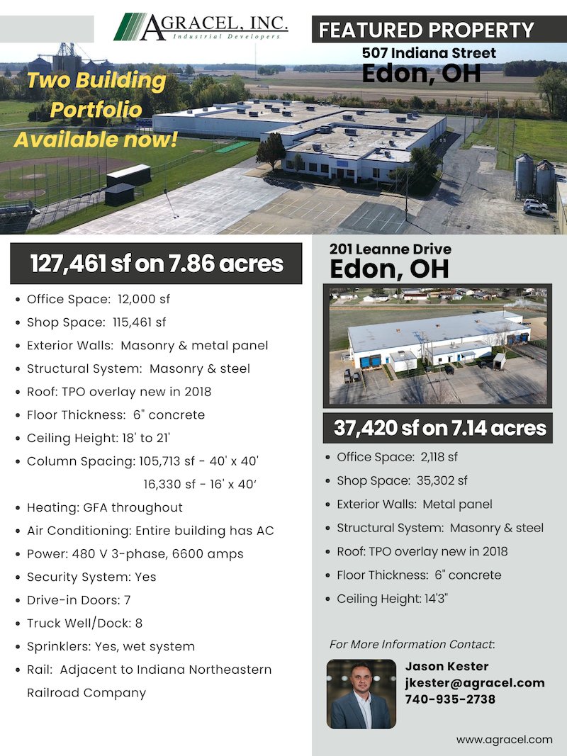 GrowWithAgracel's tweet image. Ready-to-go industrial space in Edon, OH! Two building portfolio available now. Contact
@GrowWithAgracel&apos;s Jason Kester for more info. #MFG #WeDevelop #MoreThanJustBuildings #CRE