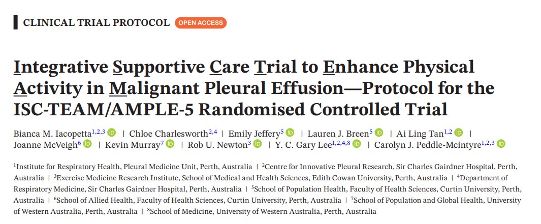 Y C Gary Lee (@ycgarylee) on Twitter photo ISC-TEAM/Australasian Malignant PLeural Effusion trial (AMPLE)-5 randomized trial: evaluate integrated dietetic, exercise physiology + clinical psychology support program for MPE patients. Key outcome: physical activity level by accelerometry. Protocol published PMID:40979257 ISC-TEAM/Australasian Malignant PLeural Effusion trial (AMPLE)-5 randomized trial: evaluate integrated dietetic, exercise physiology + clinical psychology support program for MPE patients. Key outcome: physical activity level by accelerometry. Protocol published PMID:40979257