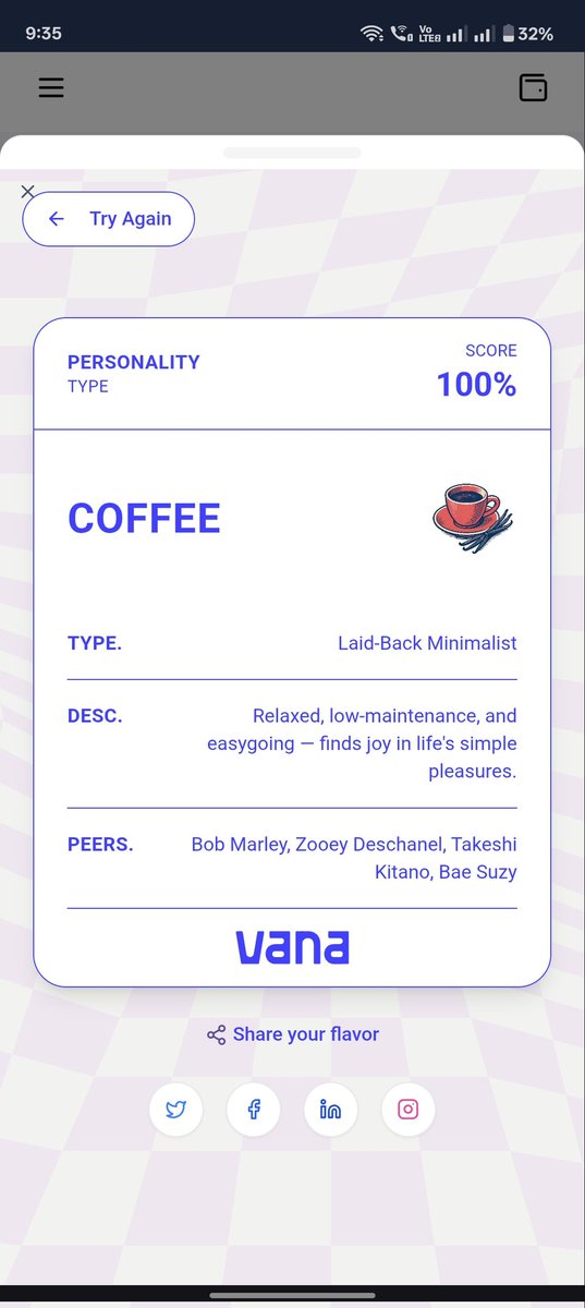 Mijan2k3's tweet image. Just brewed up my vibe on the *Vana VIBE App* ☕  
Turns out I’m a full-on *COFFEE* type — 100% chill, minimalist &amp;amp; in love with life’s little joys 😌✨  
Who knew digital flavors could be this accurate?

App.vana.com #Vana 
#BonusXP @vana  

---