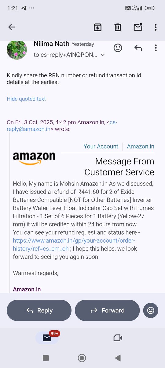 Nilima475's tweet photo. @AmazonHelp @amazonIN Refund not reflected in my Amazon pay wallet till date although refund confirmed from Amazon end. https://t.co/8EVPs3pdp3