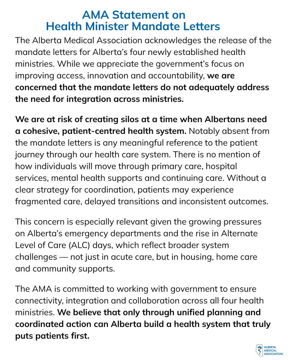 AMA statement on Health Minister Mandate letters:
While we appreciate the government’s focus on improving access, innovation and accountability, we are concerned that the mandate letters do not adequately address the need for integration across ministries.
albertadoctors.org/news/news/ama-…