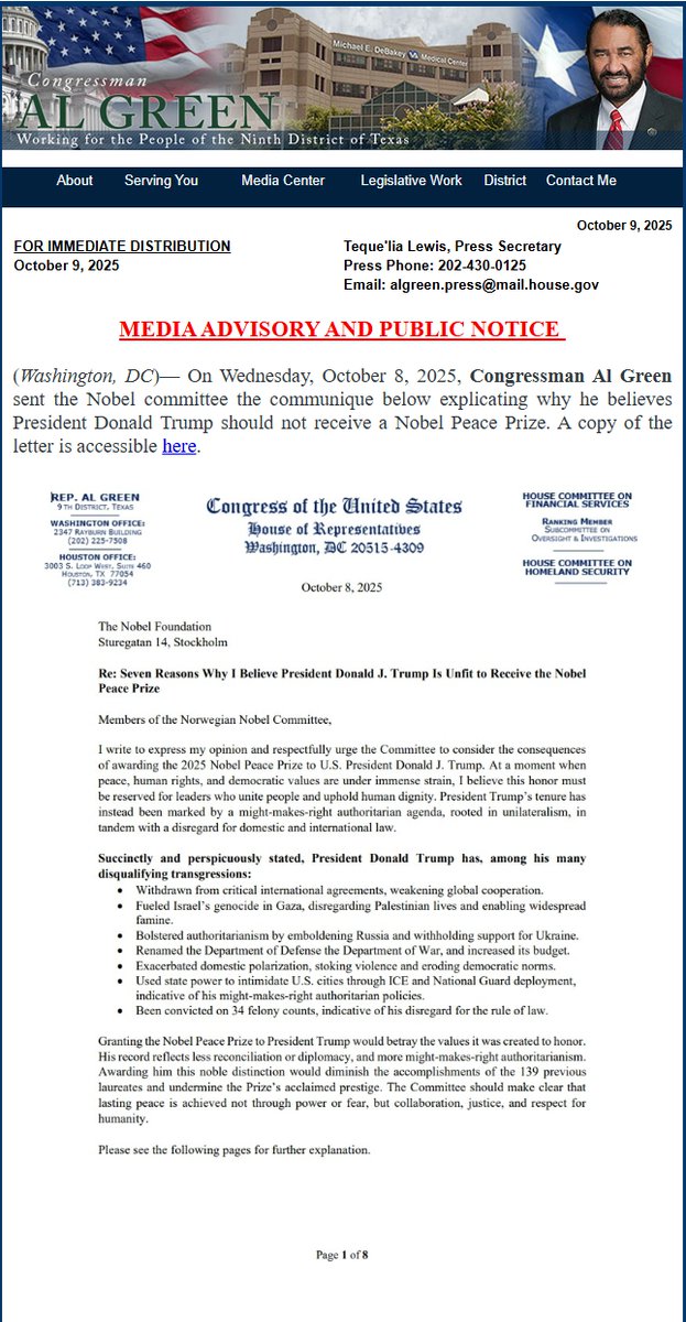 RepAlGreen's tweet image. MEDIA ADVISORY AND PUBLIC NOTICE

(Washington, DC)— On Wednesday, October 8, 2025, Congressman Al Green sent the Nobel committee the communique below explicating why he believes President Donald Trump should not receive a Nobel Peace Prize. Four pages of the communique are listed…
