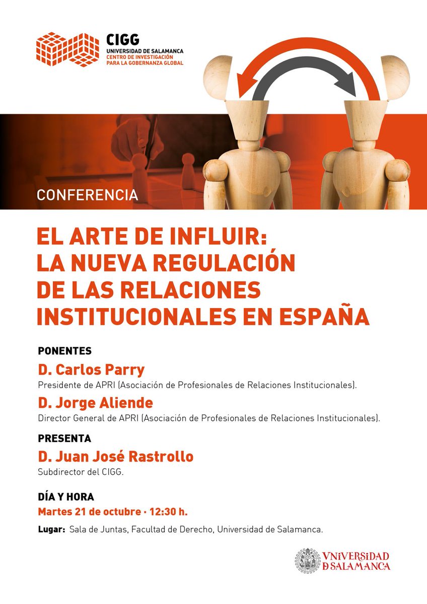La <a href="/usal/">Universidad de Salamanca</a> , <a href="/ciggUSAL/">Centro de Investigación para la Gobernanza Global</a> y <a href="/Lobby_ES/">APRI</a> dialogan sobre la nueva regulación de las relaciones institucionales en España.

Una conversación necesaria sobre transparencia en los asuntos públicos con <a href="/rastrollo_juanj/">Juan José Rastrollo Suárez</a> , Carlos Parry y <a href="/JorgeAliende1/">Jorge</a> 

🗓️ 21 oct | 12:30 h 
📍<a href="/FacDerechoUsal/">Facultad de Derecho</a>