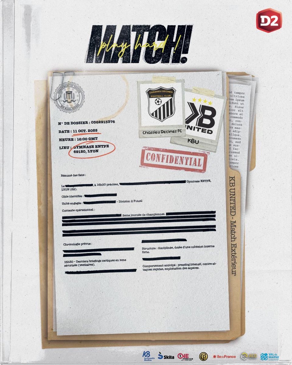 📢 D2 - J3
Après une 2ᵉ journée tendue, le KB UNITED se déplace à Lyon pour affronter Chassieu Décines 🔥
🎯 Objectif : ramener les 3 points !

📍Gymnase ENTPE (Lyon)
🗓️ Sam. 11 oct - 14h30
⚔️ KB UNITED vs CHASSIEU DÉCINES

#D2Futsal #KBUnited #Scaraa ⚫️⚪️🏴‍☠️