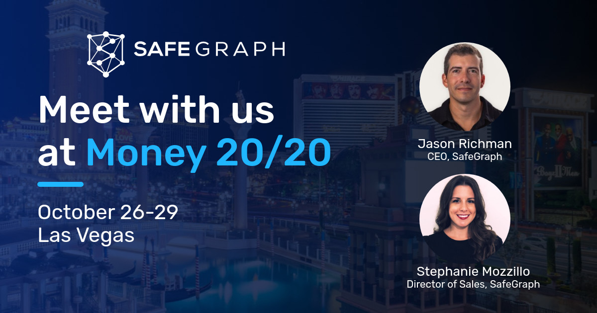 SafeGraph's tweet image. We’re heading to Money20/20 USA in Las Vegas, October 26–29!

We’ll be meeting with teams using places data to build better FinTech products, reduce risk, and unlock new markets.

Heading there too? Let us know -- we’d love to set up a time to connect.