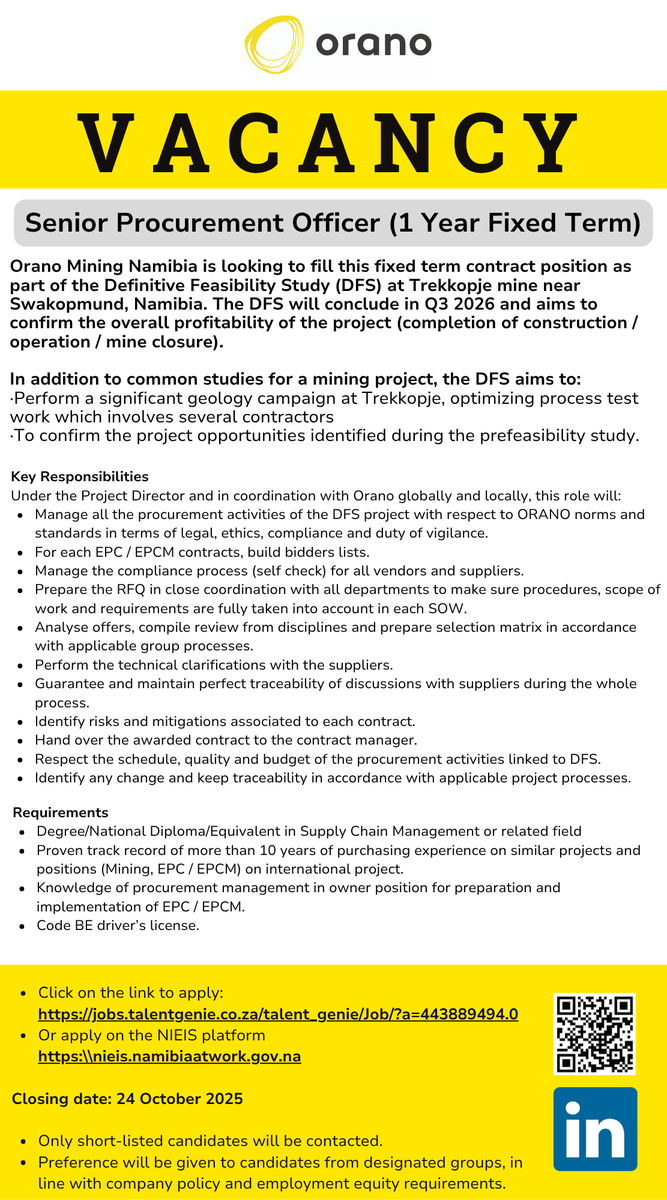 Vacancies Alert ❗❗❗

DFS Project positions at the Trekkopje mine (both 1 year fixed term).

📌 Senior Project Engineer
lnkd.in/d3KZcX2c
📌 Senior Procurement Officer
lnkd.in/dDpVT2CT

⏳ Closing date: 24 October 2025

nieis.namibiaatwork.gov.na
