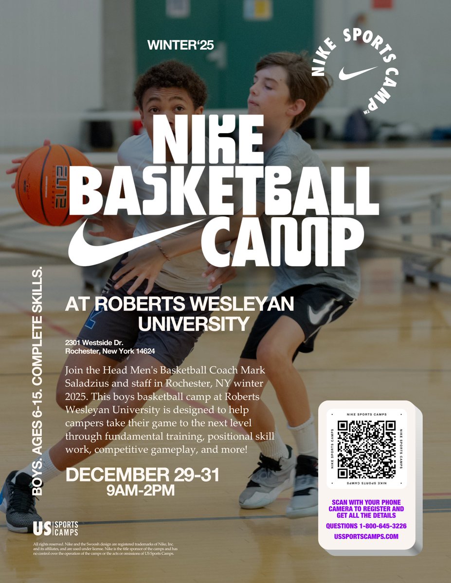 Roberts Wesleyan Men's Basketball (@rwu_mbb) on Twitter photo Roberts Wesleyan University is hosting a <a href="/nikebasketball/">Nike Basketball</a> Camp this Winter‼️
- Sign up by scanning the QR code!!
- December 29th - 31st
- Boys Ages 6-15 Roberts Wesleyan University is hosting a <a href="/nikebasketball/">Nike Basketball</a> Camp this Winter‼️
- Sign up by scanning the QR code!!
- December 29th - 31st
- Boys Ages 6-15