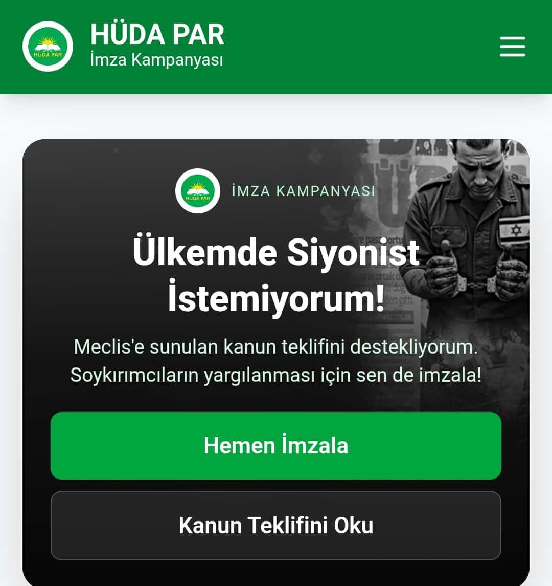 Meclis’e sunulan kanun teklifini destekliyorum. Soykırımcıların yargılanması için sen de imzala! 

#ÜlkemdeSiyonistİstemiyorum 
#Gazze #Filistin #GlobalSumudFlotilla 

Link: imza.hudapar.org
