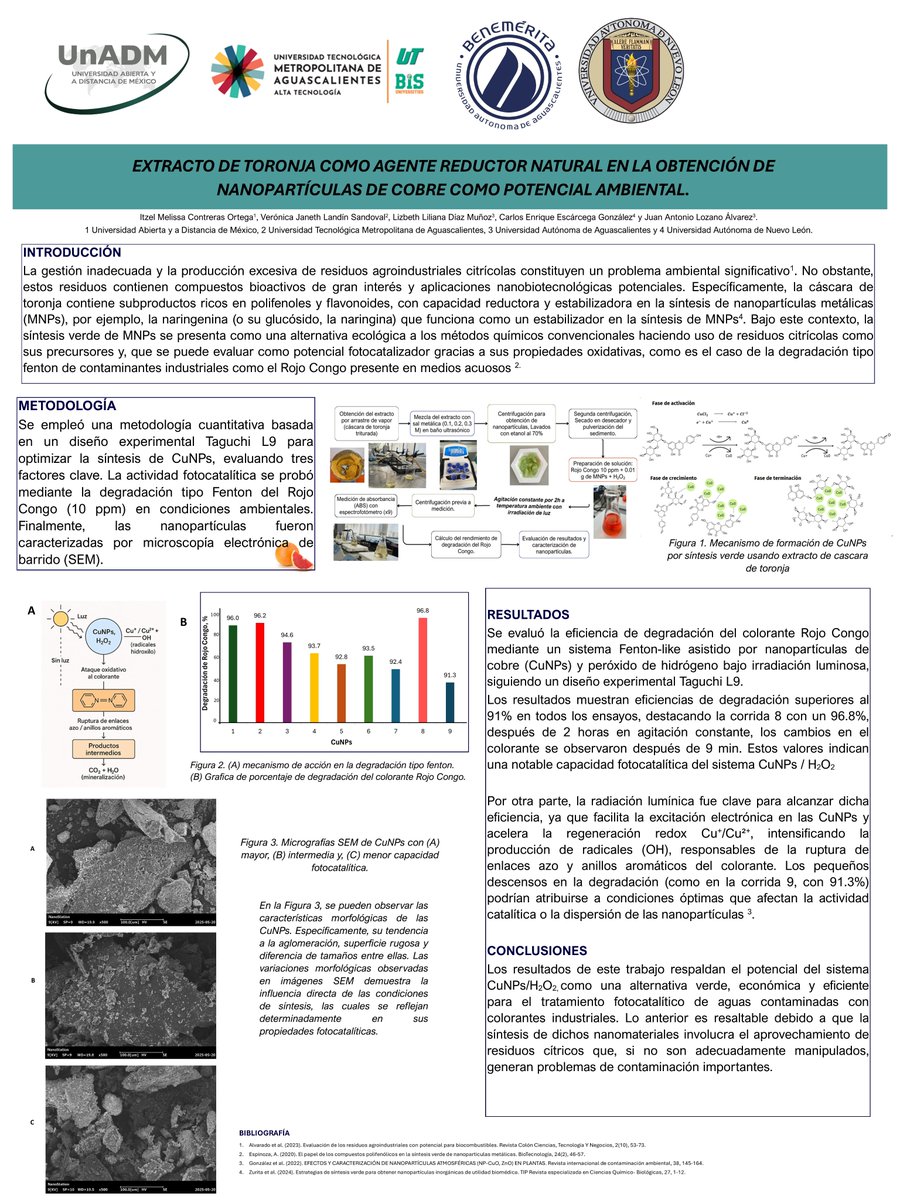 ItzelOrtega_Co's tweet photo. Hola buen día, mi poster tiene el titulo:
"Extracto de toronja como agente reductor natural en la obtención de nanopartículas de cobre como potencial ambiental."
@LatEnvChemPSE 
#LatEnvChemPSE 
#PSEBiomassOEI https://t.co/iUSE04DzPt