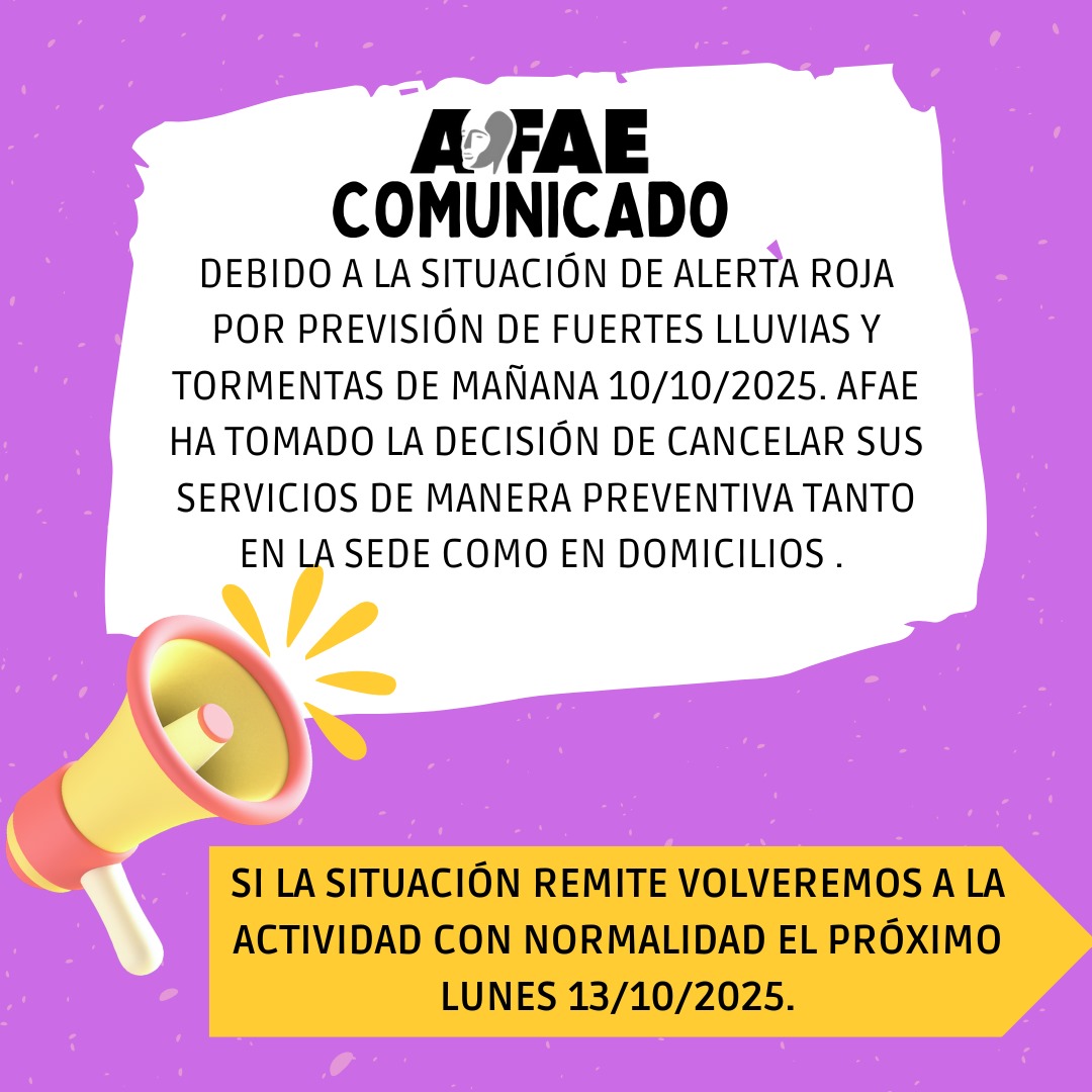 📢 Aviso importante 📢

⛈️ Debido a la alerta meteorológica por fuertes lluvias y tormentas prevista para mañana 10/10/25. AFAE ha decidido cancelar su actividad de manera preventiva. 

🙏 Disculpen las molestias que pueda ocasionar esta decisión.