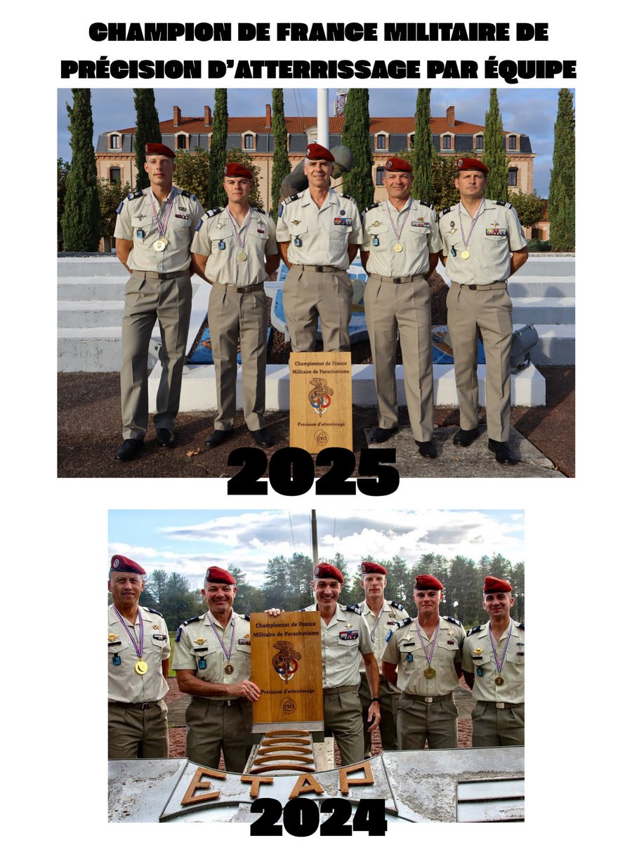 3eRMAT's tweet image. 🏆 Une fois, c'est de la chance. Deux fois, c'est @3eRMAT 💪

Le montage photo parle de lui-même : 
🎯 l'équipe du #3RMAT s'offre un second titre consécutif de champion de France militaire de précision d’atterrissage par équipe 🥇

Jamais deux sans trois, non ? 
#parachutiste