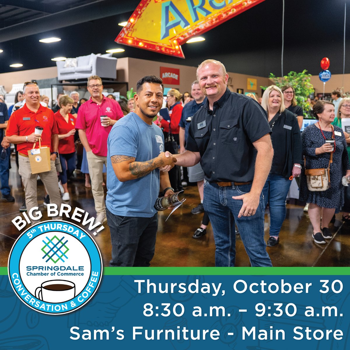 SpringdaleCofC's tweet image. Save the Date – Big Brew is back!
📅 Thursday, October 30
🕣 8:30–9:30 a.m.
📍 Sam’s Furniture - Main Store (4326 Hidden Creek Ln.)
👉 Bring a first-timer and show them the value of being plugged into Springdale’s business community!