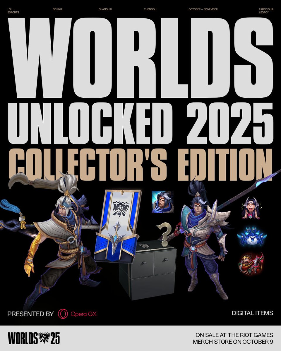 lolesports's tweet image. With Worlds season upon us, it’s that time of year to unveil the Worlds Unlocked 2025 Collector&apos;s Edition presented by @operagxofficial!

This year’s box – on sale at the Riot Games Merch Store now – is literally bigger and better than ever, featuring a mix of exclusive physical…