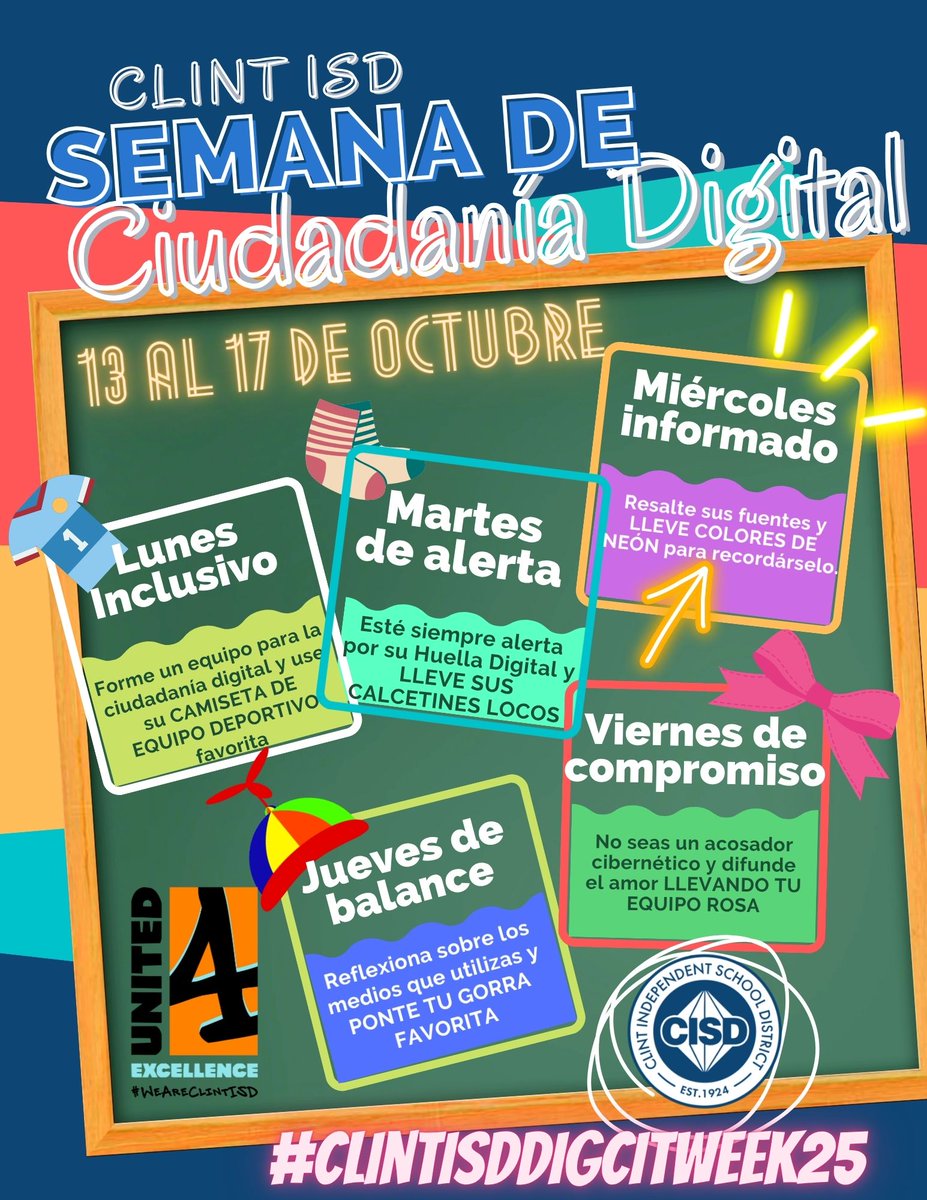 EdTech_ObeOne's tweet image. 🎉 Get ready, @ClintISD ! Next week is Digital Citizenship Week 2025! 🧑💻💙
We kick things off with Inclusive Monday — so wear your favorite team jersey and show that we’re all on the same team when it comes to being safe, kind, and responsible online! 🙌
#ClintISDDigCitWeek25