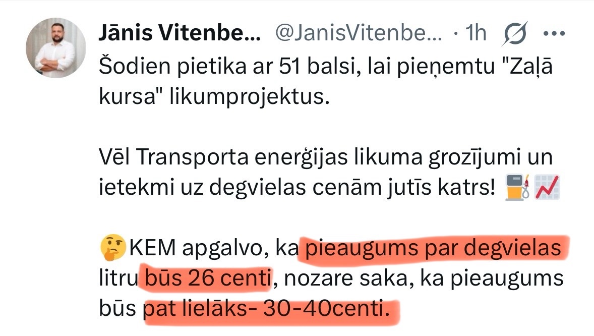 Heinrihs (@heinrih5) on Twitter photo Klimata ministrija pat neslēpj, vismaz 26 centi klāt degvielas cenai, + vēl akcīzes pieaugums. Speciālisti saka - vismaz 40 centi klāt. Arī apkurei.
Siliņa vispār draudzējas ar galvu, rēķina ietekmi uz cilvēku makiem, inflāciju,ietekmi uz konkurētspēju pasaulē. <a href="/ltvzinas/">LTV Ziņu dienests</a> klusē! Klimata ministrija pat neslēpj, vismaz 26 centi klāt degvielas cenai, + vēl akcīzes pieaugums. Speciālisti saka - vismaz 40 centi klāt. Arī apkurei.
Siliņa vispār draudzējas ar galvu, rēķina ietekmi uz cilvēku makiem, inflāciju,ietekmi uz konkurētspēju pasaulē. <a href="/ltvzinas/">LTV Ziņu dienests</a> klusē!
