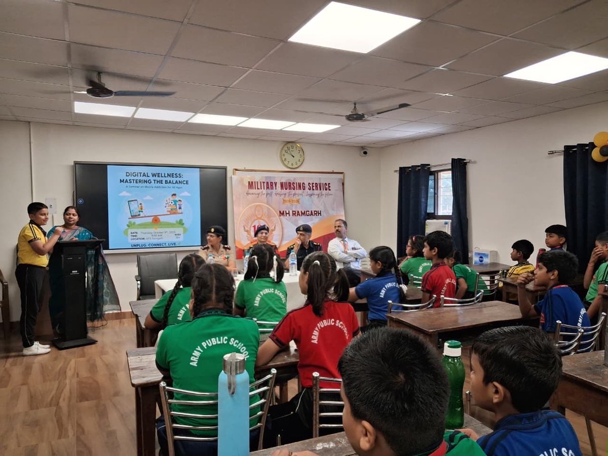 dgafms_mod's tweet image. An interactive session on Mobile Addiction was conducted at Army Public School, Ramgarh for Class V students by Dr Renu Gehlaut, Clinical Psychologist, #MilitaryHospital Ramgarh on 09 Oct 2025. The session sensitised students on the health and academic impact of excessive mobile…