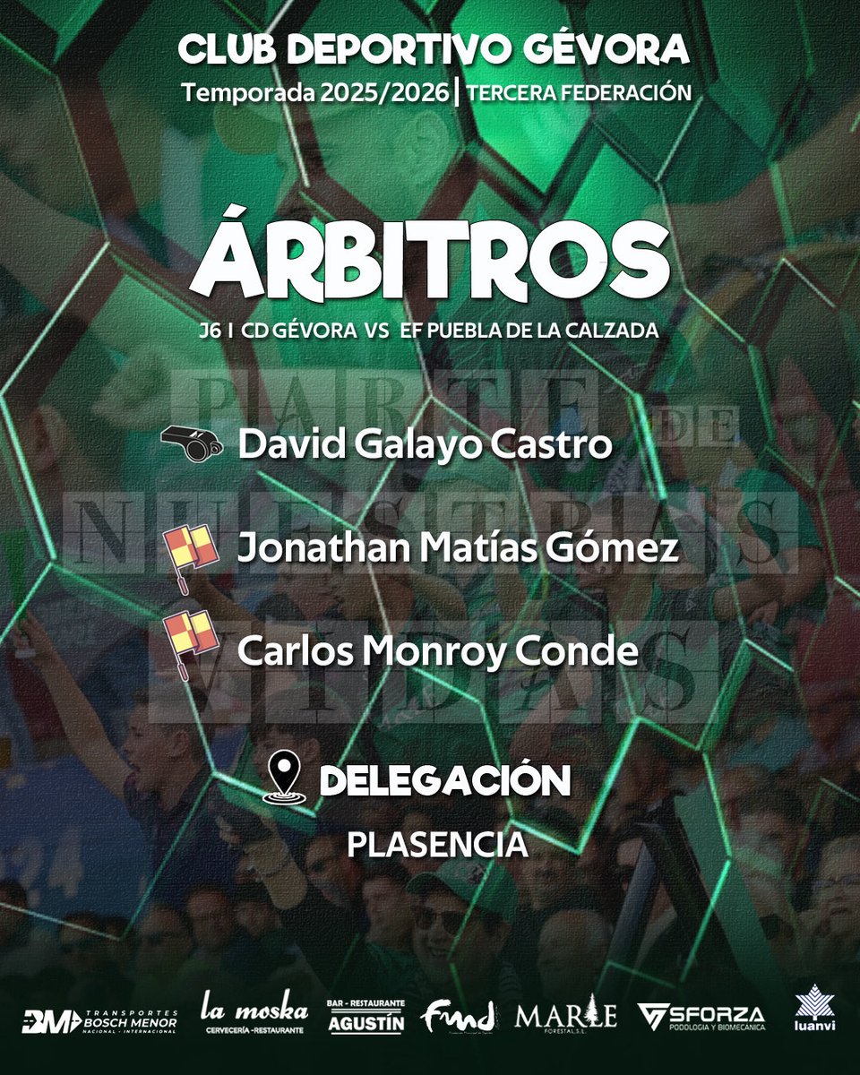 CdGevora's tweet photo. 👁️‍🗨️ 𝐂𝐎𝐋𝐄𝐆𝐈𝐀𝐃𝐎𝐒 

📌 Jornada 6 

@CdGevora 🆚 @PueblaEF 

◼️ David Galayo Castro 
🏴 Jonathan Matías Gómez 
🏴 Carlos Monroy Conde 

📍 Delegación: Plasencia 

#Colegiados
#TerceraRFEF 
#CDGEFP https://t.co/zA4jVIzf7J