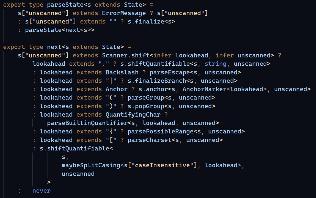 arktypeio's tweet image. new to typescript?
here's a handy little type for parsing regular expressions: