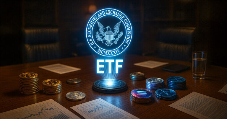테이블 위에 암호화폐 동전이 놓인 SEC ETF 홀로그램 일러스트