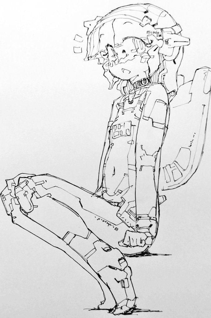 スク水メカ娘
#ロボ娘なんでも投稿祭 #線画   #アナログ絵 #スク水