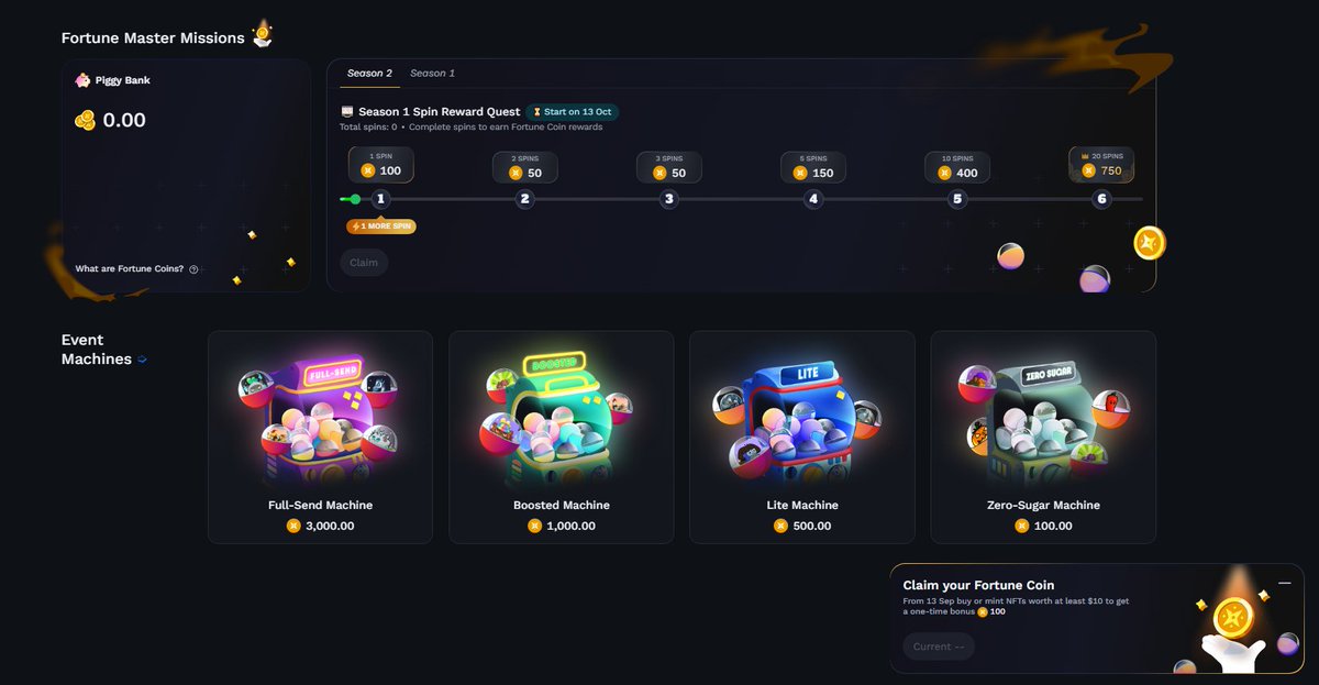 Looks like <a href="/Ronin_Network/">Ronin</a> is adding a currency kickback rewards system on their Ronin marketplace. 

You earn kickbacks through purchasing nfts/minting, and use the "fortune coins" you receive to spin special gacha machines with Ronin NFT prizes.

seems cool👍