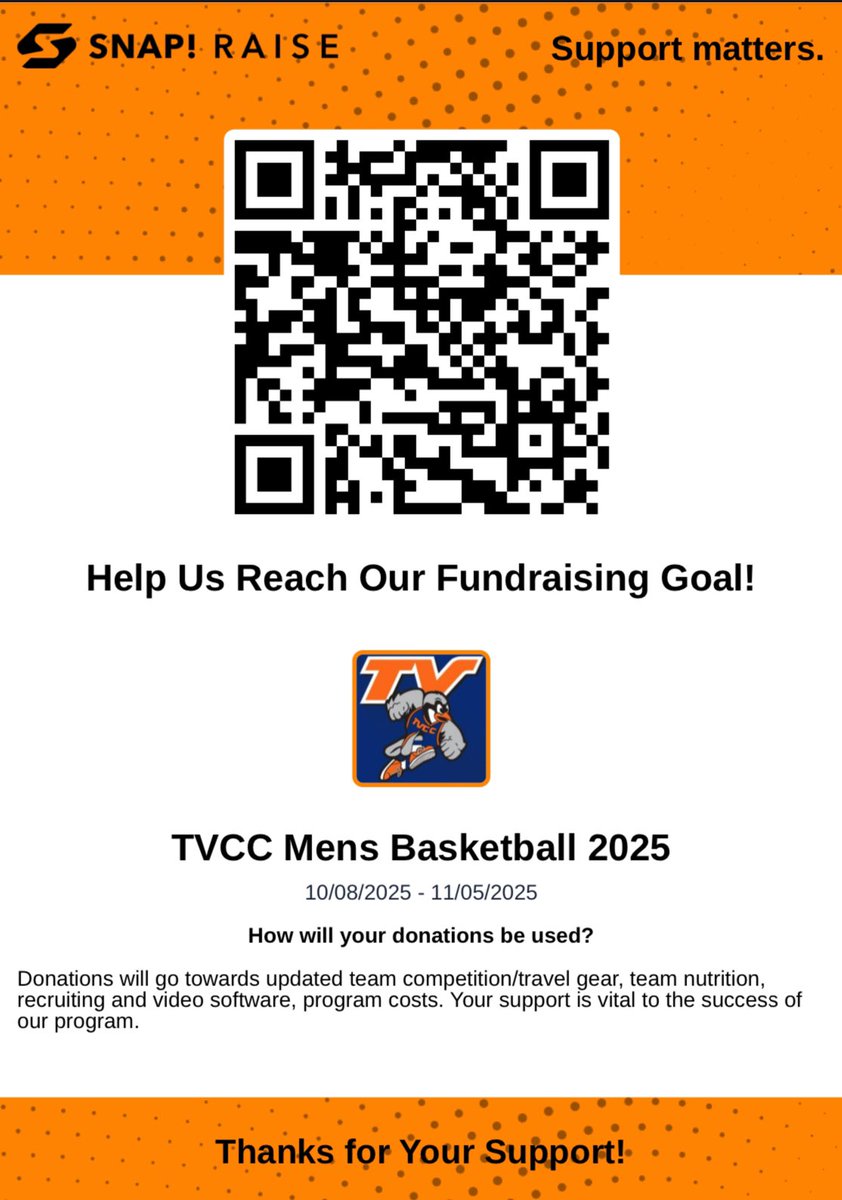 Chukar Fans! Your Men’s Basketball Team needs your help! We are trying to raise money to help support our student athletes during the season! Any donations go directly back to the athletes experience here at TVCC!

raise.snap.app/donate/tvcc-me…