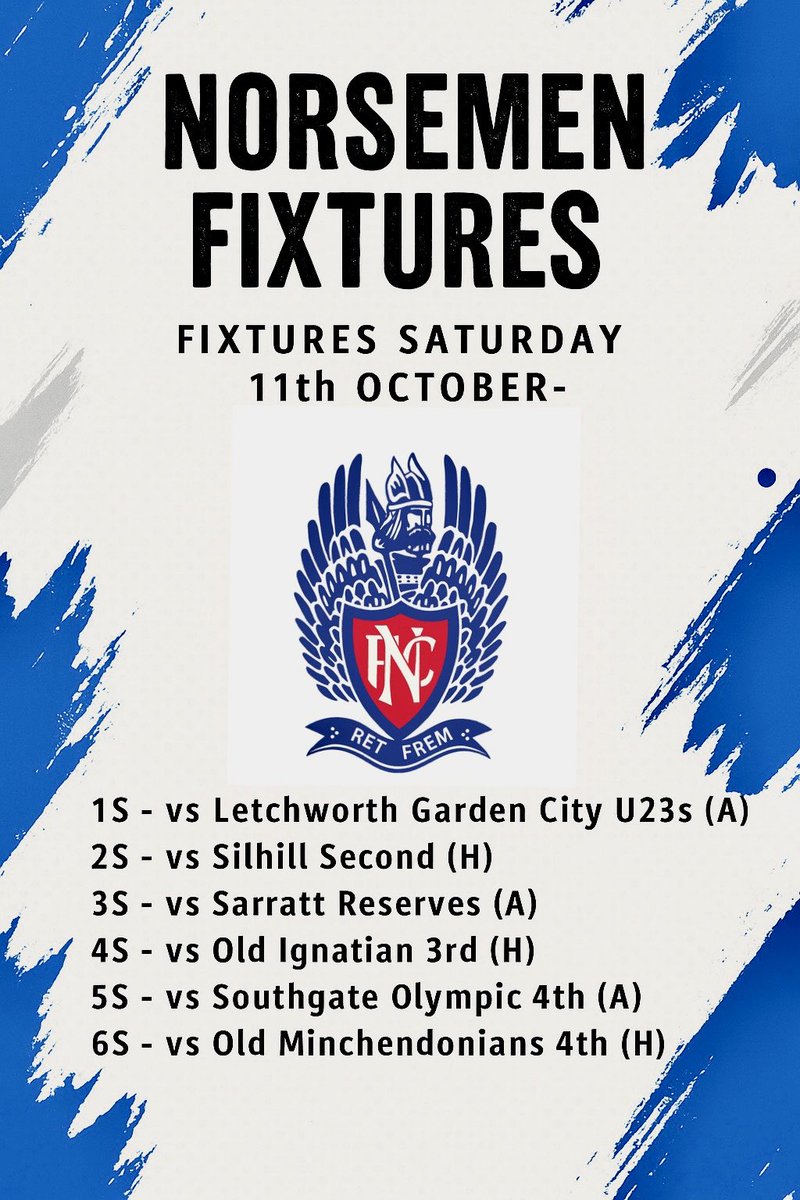 🚨 𝗡𝗘𝗫𝗧 𝗨𝗣🚨

➡️ SATURDAY 11th OCTOBER
1s - vs Letchworth Garden City U23s (A) 
2s - vs Silhill Second (H) 
3s - vs Sarratt Reserves (A) 
4s - vs Old Ignatian 3rd (H) 
5s - vs Southgate Olympic 4th (A) 
6s- vs Old Minchendonians 4th (H)

#COYN 🔵🔴