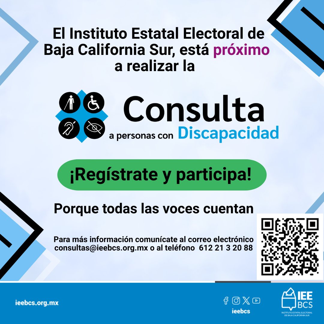 ieebcs's tweet image. ☝El #IEEBCS está próximo a realizar Consultas dirigidas a grupos de atención prioritaria, una de las consultas que realizará está dirigida a personas con discapacidad.
¡Regístrate y participa!
forms.gle/kLBcHThxMehMRp…