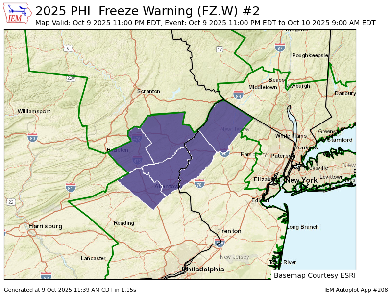PHI upgrades Frost Advisory to Freeze Warning valid at Oct 9, 11:00 PM EDT for Lehigh [PA] till Oct 10, 9:00 AM EDT mesonet.agron.iastate.edu/vtec/f/2025-O-…