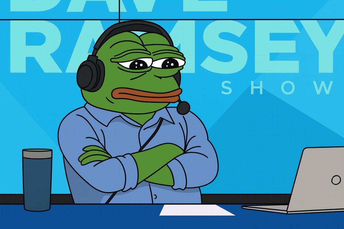 番組セットで腕を組むデイブ・ラムジーを模したPepe the Frogのイラスト