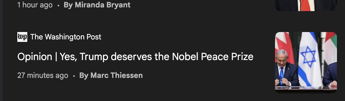 LOL <a href="/washingtonpost/">The Washington Post</a> has zero credibility there is ZERO reason he "deserves" the Nobel Peace prize. Arming combatants is literally the opposite. Calling peace protestors troublemakers.