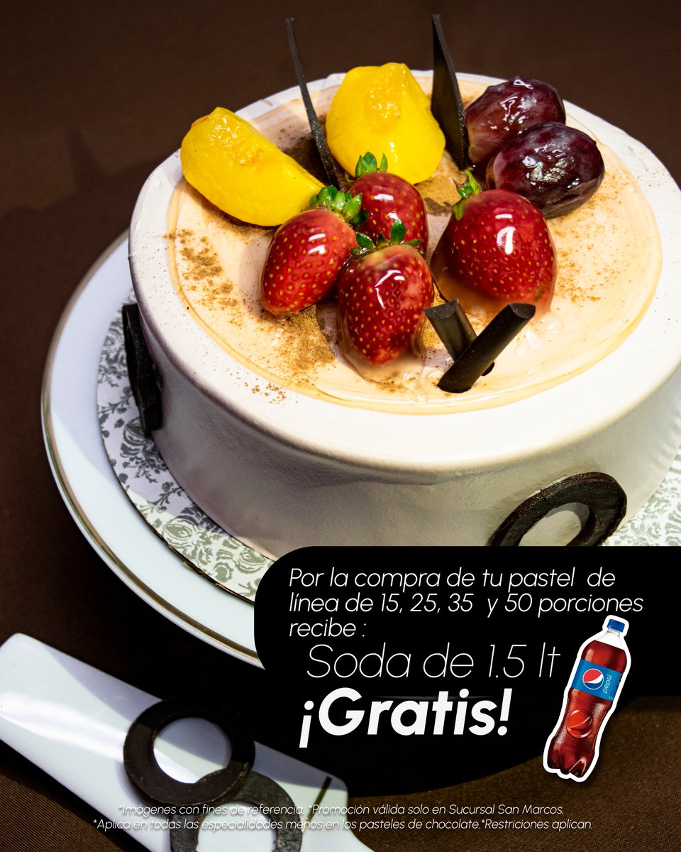 ¡Tu pastel favorito ahora viene con regalo!

Por la compra de un pastel de línea de 15, 25 o 35 porciones, se lleva una soda de 1.5 ¡GRATIS!

Aplica solo en Sucursal San Marcos.

#PastelesDeliciosos #Momentosinolvidables #ElRosario #DeliciosoSabor.