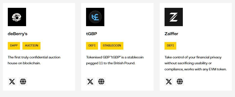 logscry's tweet image. Checked @zama_fhe Ecosystem site. 
Some apps &amp;amp; infra already live on Public Testnet

They got deBerry&apos;s (confidential auction house),
tGBP (privacy-preserving GBP stablecoin), and Zaïffer (financial privacy without sacrificing usability)  

This is how adoption happens. More…