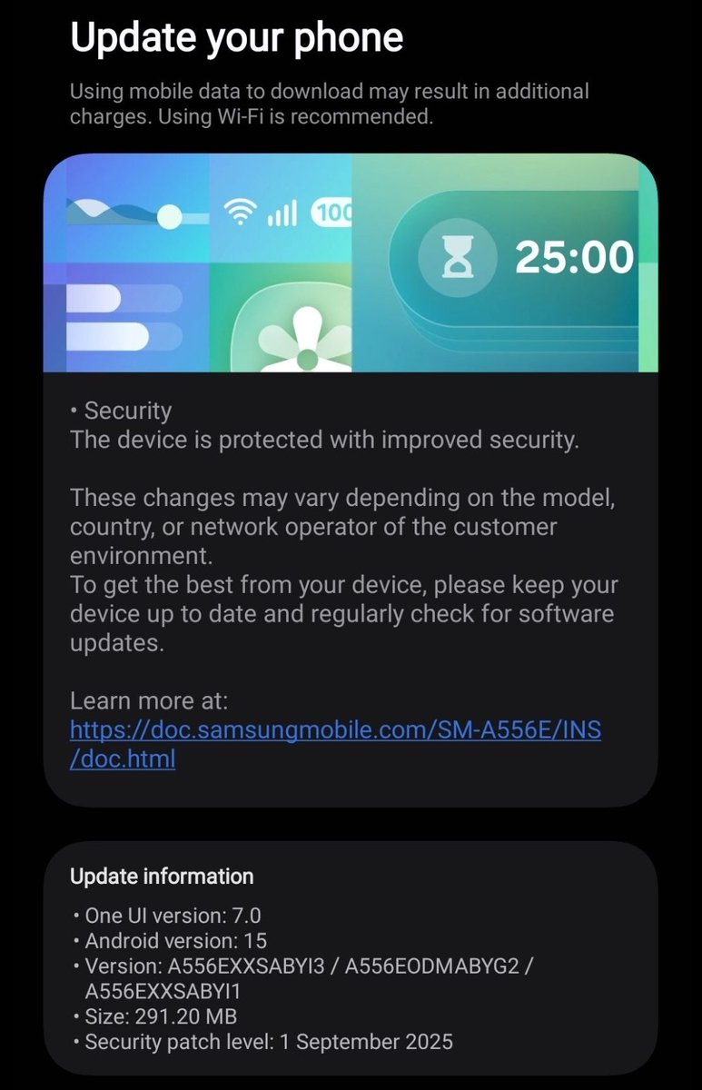 Koram_Akhilesh's tweet image. 🚨 Galaxy A55 users!

Samsung has pushed the September security patch (One UI 7 / Android 15) for Galaxy A55 (A556E) in India 🇮🇳

📌 Build: A556EXXSABYI3/A556EODMABYG2/A556EXXSABYI1
📌 Security Patch: 01-09-2025

No One UI 8 update 👀

#OneUI7 #GalaxyA55 #Samsung