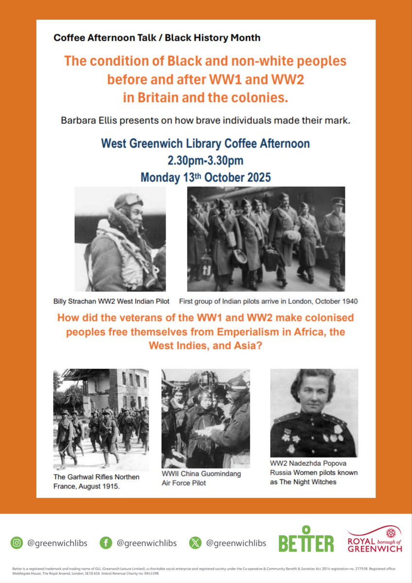 Join us at #WestGreenwichLibrary on Monday 13 October at 2.30-3.30pm for a #BlackHistoryMonth talk with
Barbara Ellis, presenting how brave individuals made their mark before and after the world wars in Britain and the colonies. Refreshments provided ☕️ #LoveYourLibrary