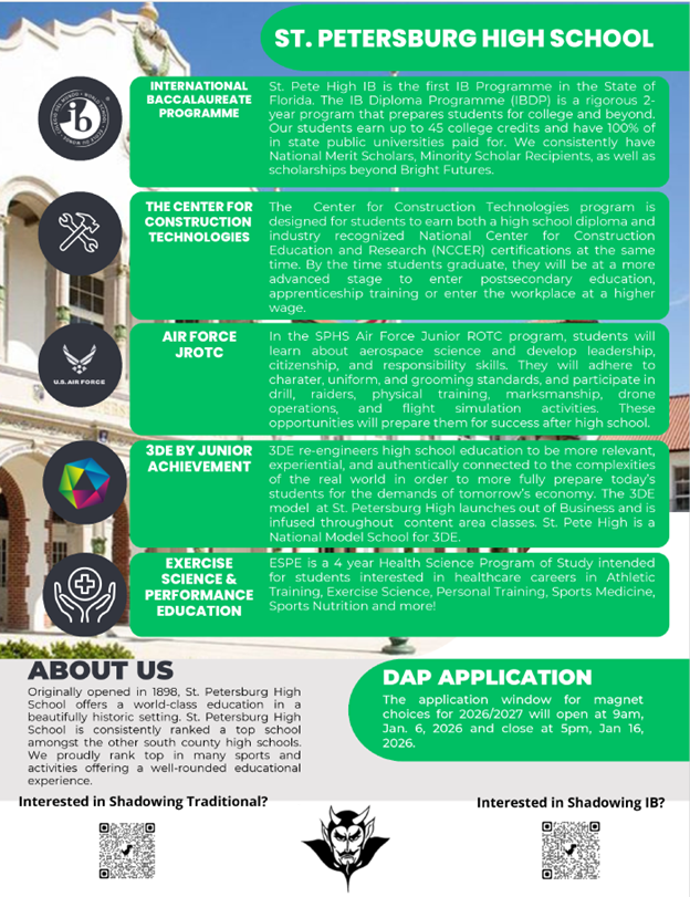 Interested in attending St. Pete HS for the 2026-2027 school?  Make sure to attend our Discovery Night here on campus on Tuesday, October 14th starting at 6PM in the auditorium!  Use the QR codes below to register to shadow here as well.