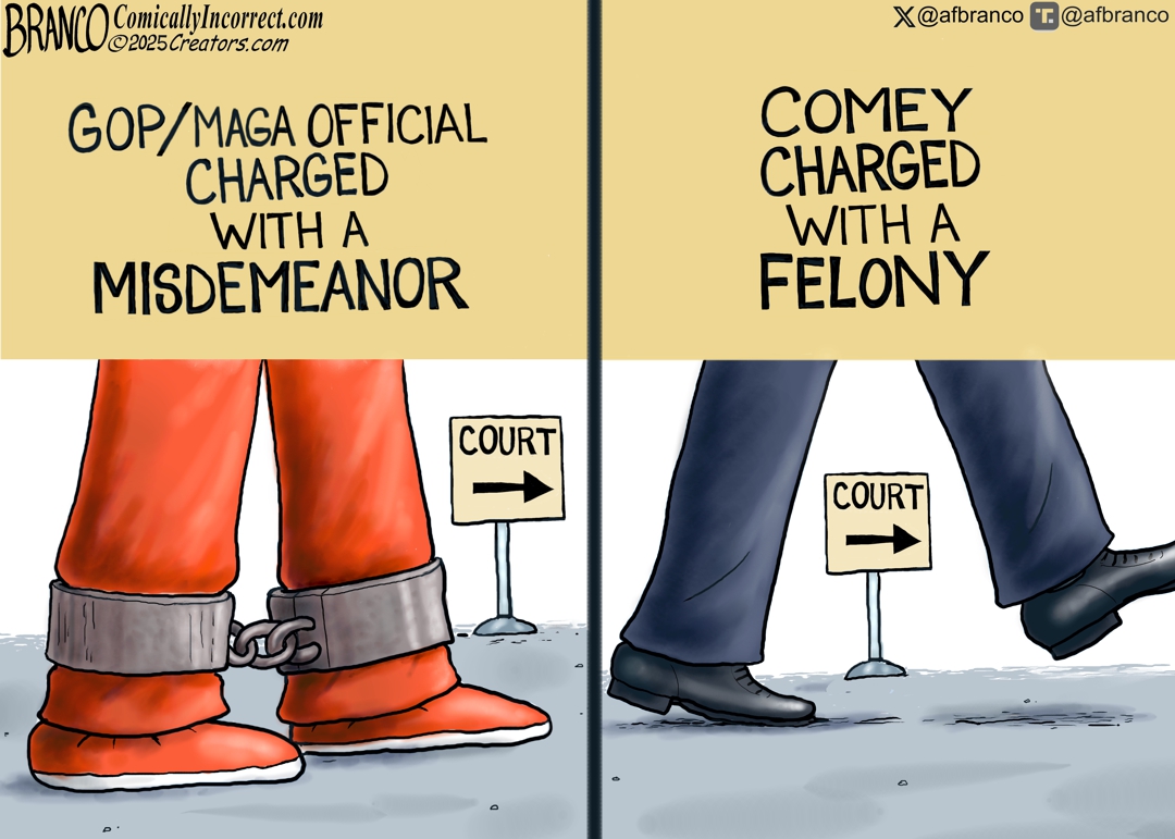 A.F. Branco Cartoon – Comey receives a white-glove treatment for a felony, while Navarro and Bannon were both perp-walked. Shameful. comicallyincorrect.com