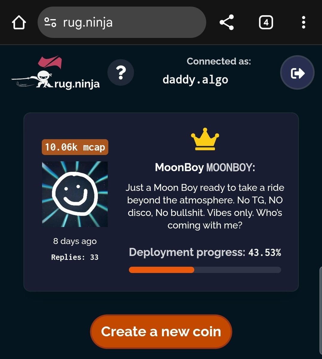 GrillinShillin's tweet image. DADDY CABAL IS SHOWING UP!!
rug.ninja/MoonBoy
Rule 1, we all profit
Rule 2, No Jeets
Rule3, Utilities
1% daddy faucet soon
2% jimmy.farm lps
1% jimbot slots
1% give aways
@MOONBOY_ALGO
Lets Bond!!!