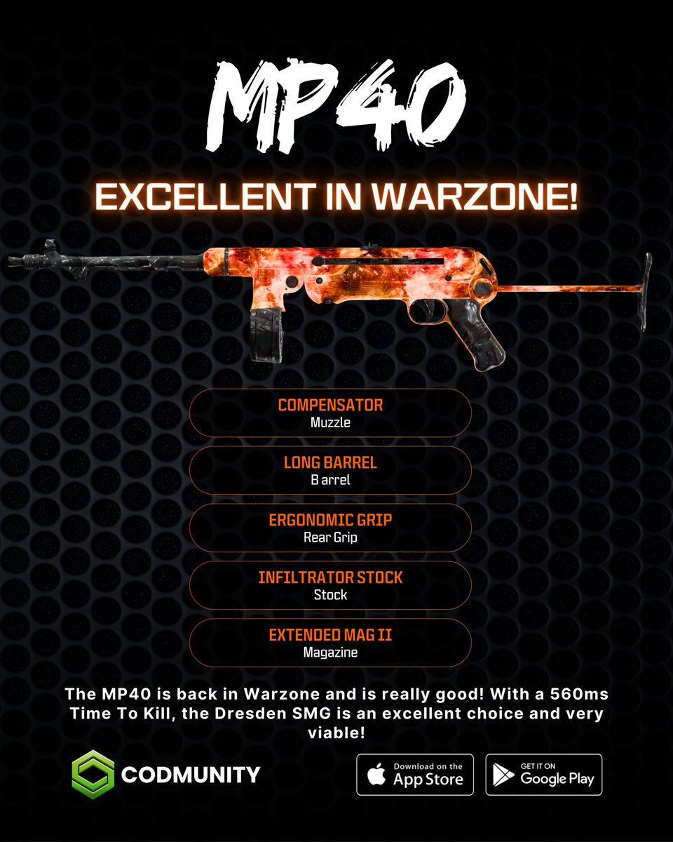 CODMunityGG's tweet image. 🚨 MP40 IS BACK IN WARZONE 🚨

With excellent TTK, the Dresden has everything to be a serious contender!

📊 560 ms chest shots • 672 ms stomach shots
⚡ Not as mobile as the Jackal or C9, but still an excellent pick 👌