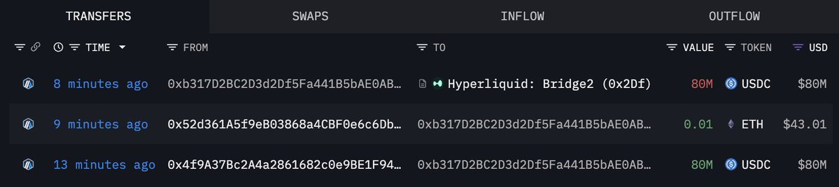 ホエールがHyperliquid BridgeにUSDCを入金したスクリーンショット