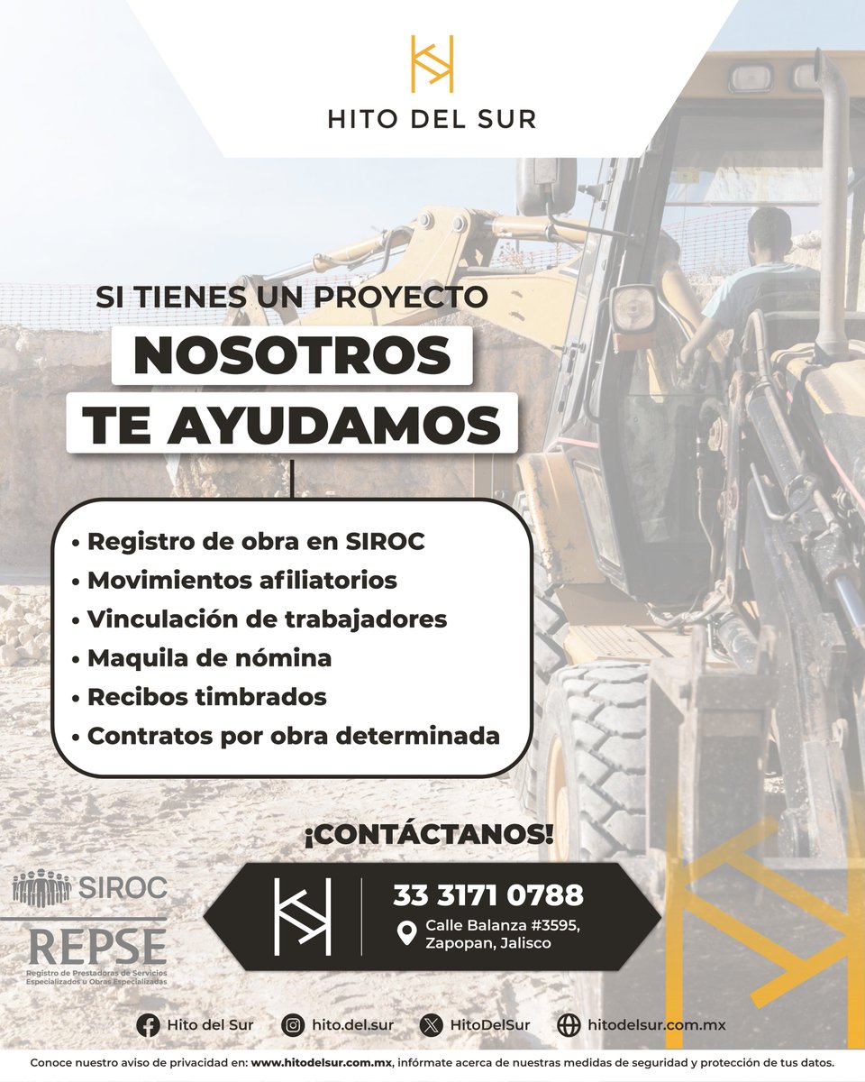 HitoDelSur's tweet image. ¿Tienes un proyecto en puerta? 🏗️

Nosotros nos encargamos de los trámites en SIROC, REPSE y todo lo necesario para que tu obra cumpla con la ley ✅

Contáctanos y deja tu proyecto en manos expertas 📞 33 3171 0788
#HitoDelSur #SIROC #REPSE #Construcción #Obras