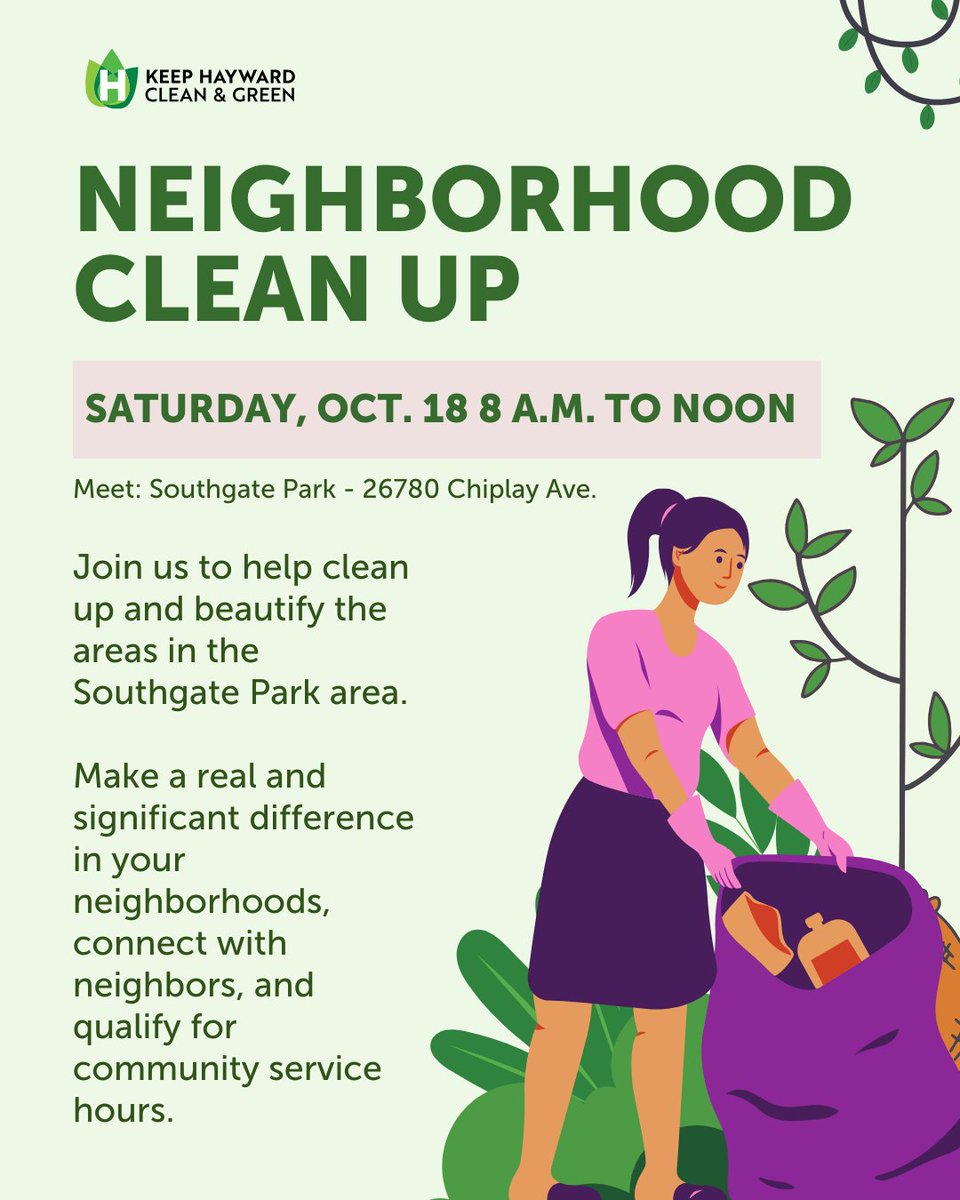 Join the Clean and Green Commission and other community members for the next Keep Hayward Clean and Green clean-up and beautification event starting at Southgate Park on Saturday, Oct. 18, from 8 a.m. to noon!

Register here: bit.ly/3InVHOi