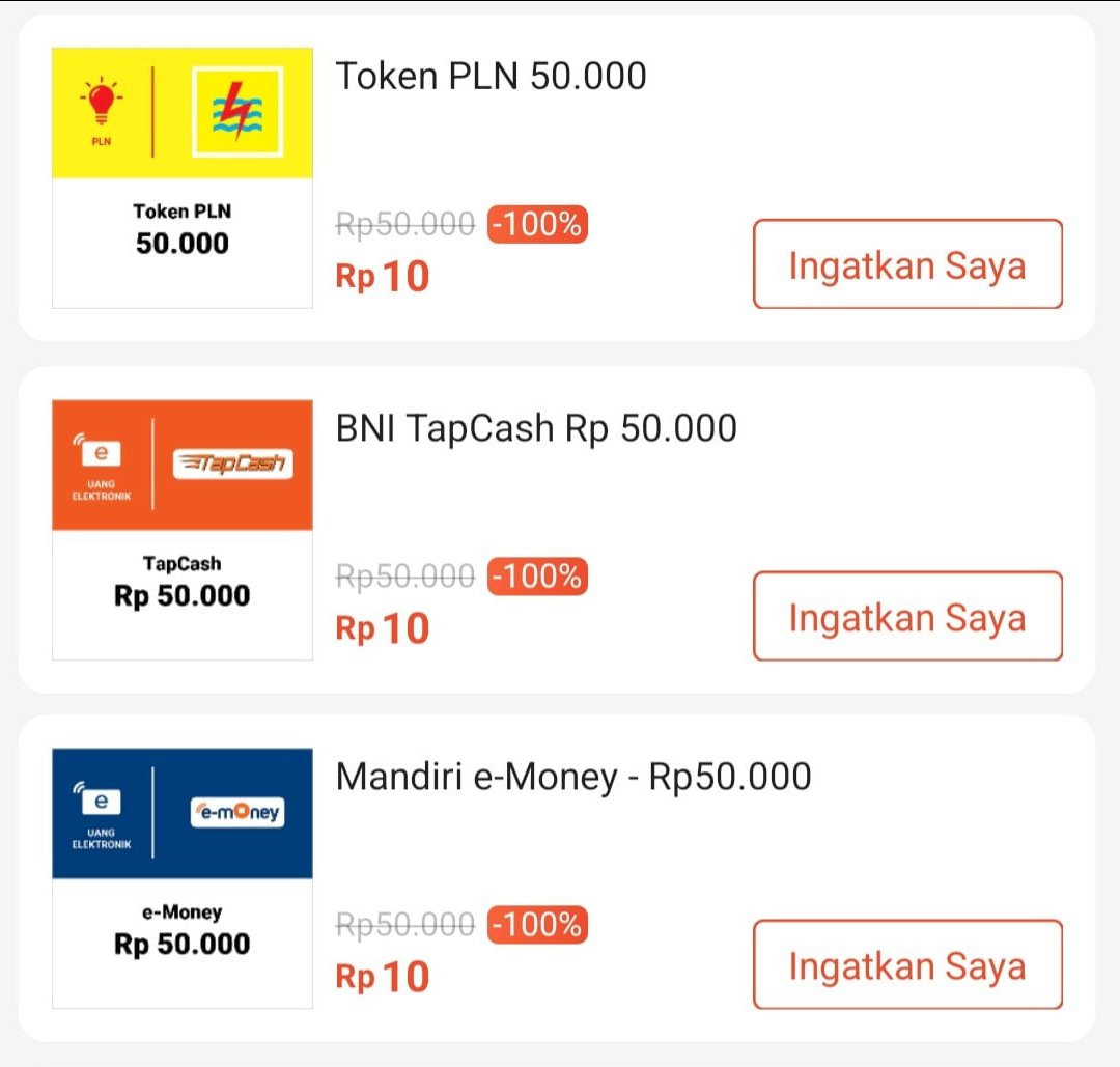 📢 SHOPEE FASH SALE Rp10
⏰ 00.00 WIB

Token PLN 50k
e-Money &amp; TapCash 50k
Pulsa &amp; Paket Data 20k

👉 s.shopee.co.id/5AjjjROeDi