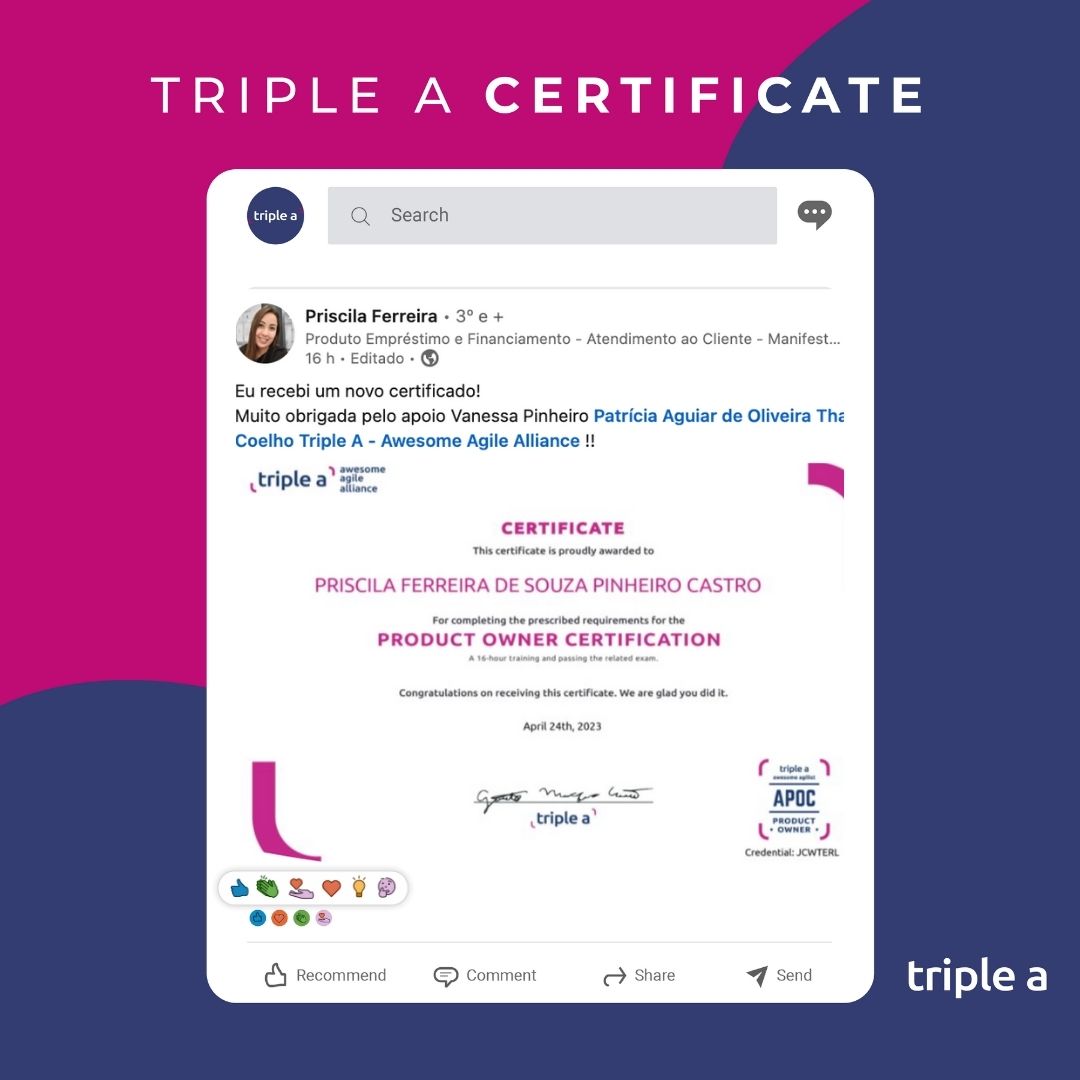 TripleA_Global's tweet image. &quot;Eu recebi um novo certificado! Muito obrigada pelo apoio Vanessa, Patrícia e Triple A - Awesome Agile Alliance!&quot;

Priscila Ferreira

#productowner #scrumguide #multifuncionalidade #equipe #agilidade #agil #trabalho #responsabilidades #produtividade