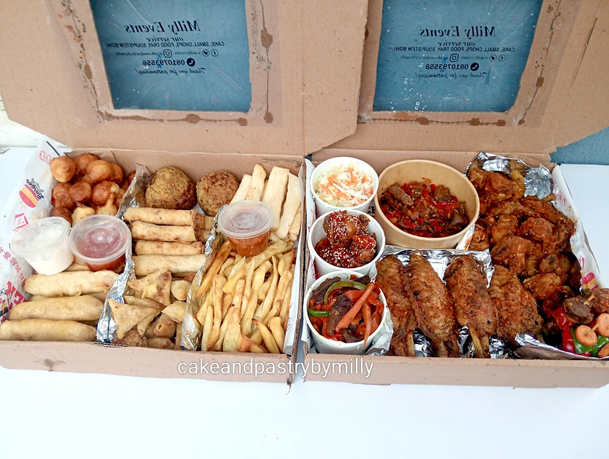 MillyEvents's tweet image. N110,000

12 springroll
12 samosa
4 peppered Turkey
20 peppered chicken
5 kebab
2 scotch eggs
20 puffpuff
8 corndogs
Sweet chilli chicken
Asun
Beef stirfry
Coleslaw Xmayo
Fries (yam&amp;amp;potatoes)Xketchup
1 juice

Delivery within Lagos
Send a DM to place your order or call 08107983558