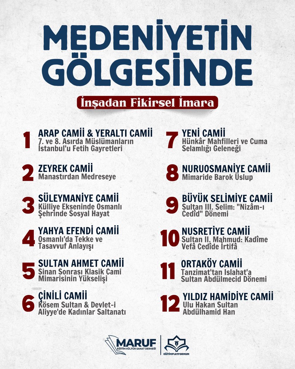 Tarih Gezimiz başlıyor🔈
İstanbul'da camilerin tarihini, yapısal özelliklerini, İslam kültürüne ait sentezlerle aktaracağımız yüz yüze gerçekleştirilecek Tarih gezimize hanım katılımcılarımız davetlidir.

📌 Başvuru ve detaylı bilgi için
forms.gle/wup4vZ6pV3432B…