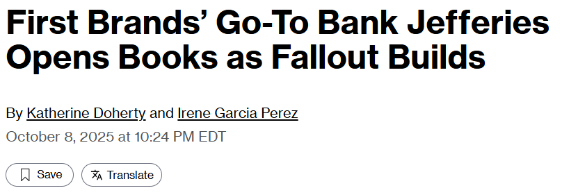 junkbondinvest's tweet photo. Jefferies on First Brands:

The good news: Direct losses appear to be limited to <$50M (est.)
The bad news: You were their banker for 10+ years 
The worse news: $2.3B allegedly vanished
The worst news: Every potential client now knows this

Sometimes being the go-to bank for risky credits has consequences