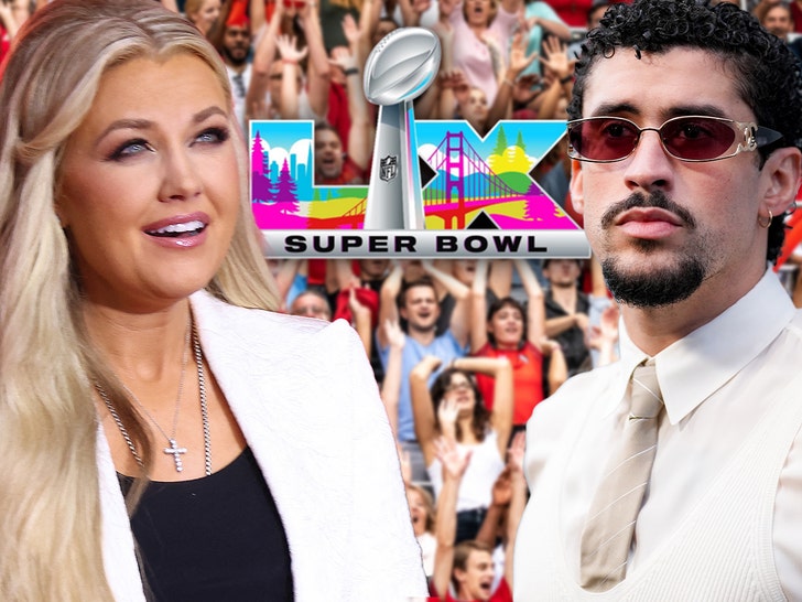 Promotional graphic for Super Bowl LIX in San Francisco with colorful city skyline and Golden Gate Bridge elements in the background. Super Bowl logo prominently displayed. Erika Kirk smiling on the left wearing white blazer black top necklace cross pendant. Bad Bunny on the right with sunglasses white shirt. Crowd cheering in foreground with fans in red shirts.